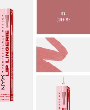 NYX Lip Lingerie konturówka 07 Cuff Me w różowym opakowaniu obok próbek koloru i detalu produktu.