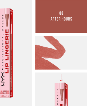 NYX Lip Lingerie konturówka do ust After Hours w różowym pudełku, obok próbka matowego odcienia terakoty.