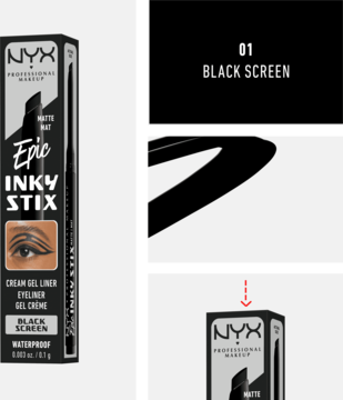 NYX Epic Inky Stix matowy eyeliner, odcień Black Screen. Kolaż: opakowanie, nazwa odcienia i zbliżenie czarnej linii.