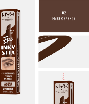 NYX Epic Inky Stix matowy eyeliner w sztyfcie, Ember Energy, z opakowaniem i brązowymi próbkami koloru.
