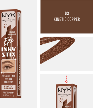 NYX Epic Inky Stix Kinetic Copper metaliczny, wodoodporny eyeliner żelowy. Opakowanie i swatch koloru.