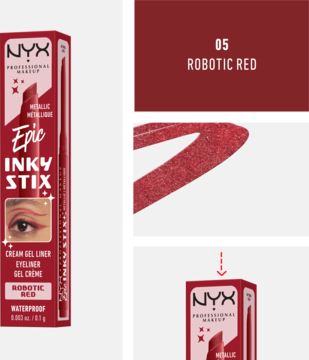 Metaliczny eyeliner NYX Epic Inky Stix Robotic Red. Kolaż: czerwone opakowanie, próbka, makijaż oka.