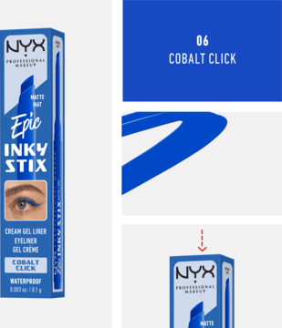 Niebieski, matowy eyeliner NYX Epic Inky Stix Cobalt Click w opakowaniu z ilustracją oka i próbką koloru.