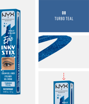NYX Epic Inky Stix metaliczny eyeliner w sztyfcie Turbo Teal w opakowaniu, ze zbliżeniem na turkusowy swatch.