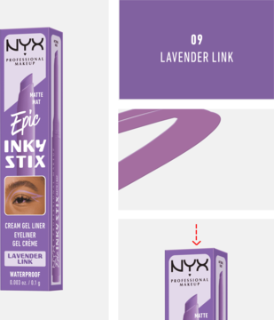 Fioletowy matowy eyeliner NYX Epic Inky Stix Lavender Link w opakowaniu, z próbką koloru i nazwą odcienia.