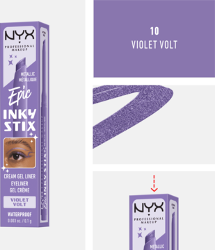 NYX Epic Inky Stix Violet Volt, metaliczny eyeliner. Fioletowe opakowanie obok swatcha i górnej części.