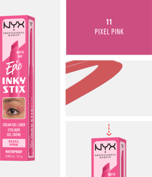 Wodoodporny eyeliner NYX Epic Inky Stix w odcieniu Pixel Pink. Różowe pudełko i próbka koloru na białym tle.