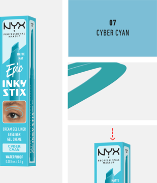 NYX Epic Inky Stix eyeliner Cyber Cyan. Zestawienie: pudełko, swatch koloru i detal. Matowy, intensywny błękit.