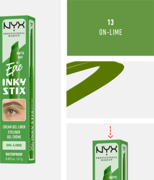 Zielone opakowanie matowego eyelinera w sztyfcie NYX Epic Inky Stix On-Lime, ze swatchami koloru.