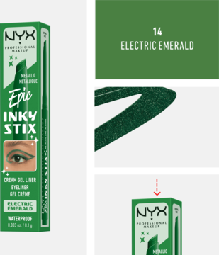NYX Epic Inky Stix metaliczny eyeliner krem-żel Electric Emerald, zielone opakowanie i kreska.