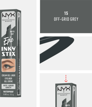 NYX Epic Inky Stix Cream Gel Eyeliner Off-Grid Grey, matowy, wodoodporny, widok z przodu opakowania.