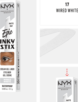 Biały, matowy eyeliner NYX Epic Inky Stix Wired White w opakowaniu i zbliżeniu. Kremowo-żelowy, wodoodporny.