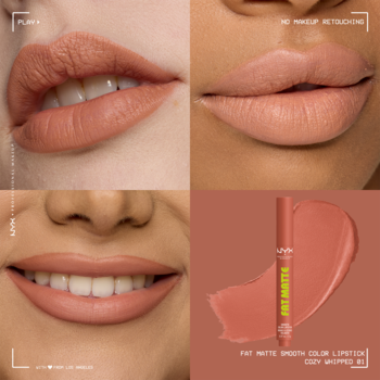 NYX Fat Matte szminka Plumkins. Kolaż: trzy ujęcia ust z matowym beżem i gruby sztyft pomadki z neonowym napisem.