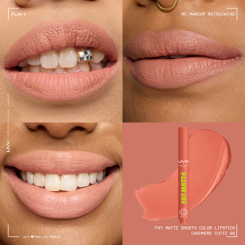 NYX Fat Matte Smooth Color Lipstick Cashmere Cuffs: ujęcia ust z matową pomadką i produkt ze swatche.