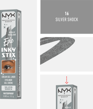 Metaliczny eyeliner NYX Epic Inky Stix 'Silver Shock' w srebrnym opakowaniu, z błyszczącym swatch'em i numerem koloru 16.
