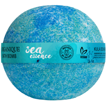 Kula do kąpieli Organique Sea Essence, sferyczna, intensywnie niebieska z jasnymi plamkami, widok z boku.