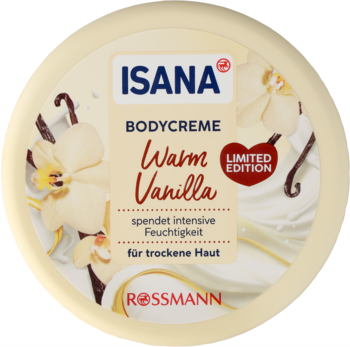 Isana Bodycreme Warm Vanilla (Limited Edition), okrągły krem do ciała, beżowe wieczko z wanilią, widok z góry, dla suchej skóry.