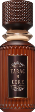Perfumy Fragrance World Tabac N'Coke w brązowej butelce ze żłobionym wzorem i teksturowaną zakrętką.