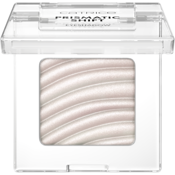 Catrice Prismatic Shift Eyeshadow, opalizujący cień do powiek w jasnym odcieniu, z falistą teksturą w przezroczystej kasetce.