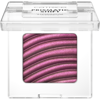 Cienie Catrice Prismatic Shift, opalizujący różowo-fioletowy cień z falistą teksturą w przezroczystym opakowaniu.