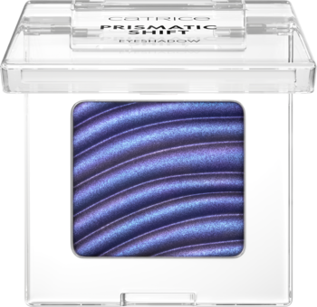 Catrice Prismatic Shift Eyeshadow 030 Midnight Wave, fioletowy cień o falistej fakturze, metaliczny, w przezroczystej kasetce.