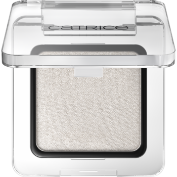 Catrice Art Couleurs Eyeshadow 460 Frosted Dust, połyskujący biały cień do powiek w małym przezroczystym opakowaniu, widok z góry.