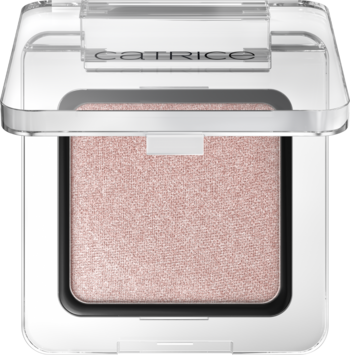 Catrice Art Couleurs Eyeshadow 470 Fairytale Dust, połyskujący różowy cień w otwartej, przezroczystej kasetce z logo.