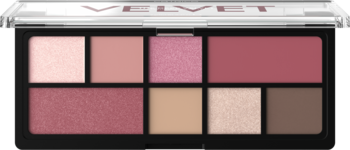 Paleta cieni do powiek Velvet, 8 odcieni różu, beżu i brązu, mat i błysk, widok z góry.