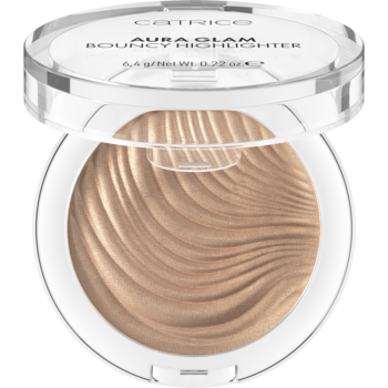 Otwarty, okrągły rozświetlacz Catrice Aura & Glam w kolorze złotego szampana z falistą teksturą.