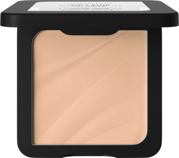 Otwarty, czarny kompaktowy puder prasowany w jasnobeżowym odcieniu. Widok z przodu, ukazujący gładką powierzchnię.