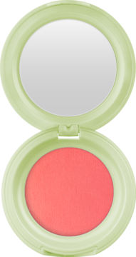 Otwarty pudrowy róż do policzków w kolorze koralowym w jasnooliwkowym kompakcie z lusterkiem, widok z góry.