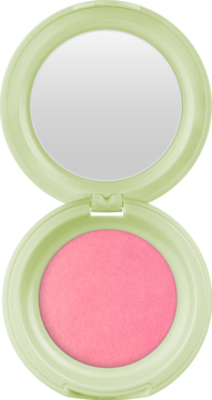 Otwarty kompaktowy puder do różu w jasnozielonej kasetce z lusterkiem. Okrągły, matowy, różowy róż do policzków.