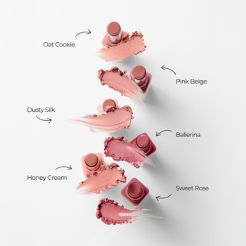Everybody London Velvet Matte pomadki: 6 odcieni beżu, różu z nazwami (Pink Beige, Oat Cookie), swatche na białym tle, widok z góry.