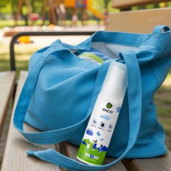 Spray na komary VACU Kids z żabką, biała butelka w niebieskiej torbie na ławce w parku, plac zabaw w tle.