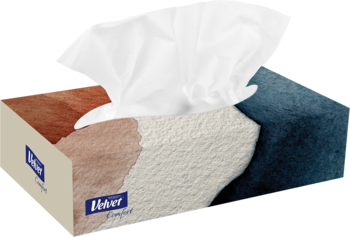 Chusteczki Velvet Comfort w pudełku, widok z przodu. Brązowo-beżowo-granatowe pudełko z białymi chusteczkami.