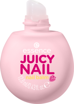 Różowy balsam essence JUICY NAIL do paznokci, malinowy. Okrągła butelka z białym dozownikiem i breloczkiem. Zbliżenie.