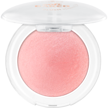 Jasnoróżowy róż do policzków Essence Baked Blush w białym, okrągłym opakowaniu z otwartą pokrywką.