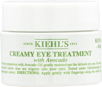Krem pod oczy Kiehl's Creamy Eye Treatment z awokado, biały okrągły słoiczek z zieloną etykietą, widok z przodu, lekko od góry.