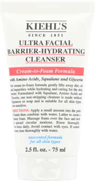 Biała tubka Kiehl's Ultra Facial Barrier-Hydrating Cleanser 75ml, widok z przodu, z widoczną nazwą i formułą cream-to-foam.