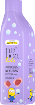 Fioletowy szampon Neboa Kids truskawkowa guma balonowa, butelka z Minionkiem dmuchającym bańkę, widok z przodu.