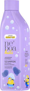 Fioletowy szampon Neboa Kids Jagodowa Muffinka dla dzieci, butelka z Minionkami i bąbelkami, widok z przodu.