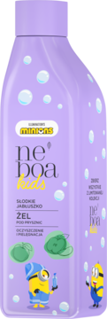 Fioletowy żel pod prysznic Neboa Kids Słodkie Jabłuszko z Minionkami, butelka z bąbelkami, przód.