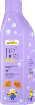 Fioletowy żel pod prysznic Neboa Kids Pomarańczowy Sorbet Minionki, oczyszcza i nawilża, butelka z bąbelkami.