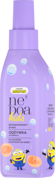 Fioletowa odżywka w sprayu Neboa Kids Brzoskwiniowy Shake, z Minionkami, do włosów kręconych, widok z przodu.