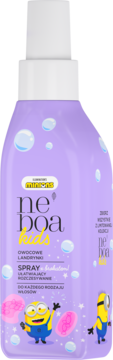 Fioletowy spray Neboa Kids Minions do włosów, z brokatem i zapachem landrynek, ułatwiający rozczesywanie. Widok z przodu.