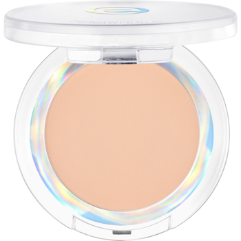 Otwarty puder kompaktowy, matujący, w białej, okrągłej puderniczce z opalizującą ramką, jasny beżowy odcień.
