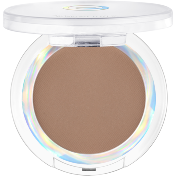 Kompakt z matowym pudrem brązującym do twarzy, białe etui z irydowymi akcentami, otwarty, widok z góry.