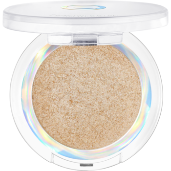 Beżowy rozświetlacz w otwartym, białym kompakcie z irydescencyjnym brzegiem, widok z góry, idealny do makijażu.