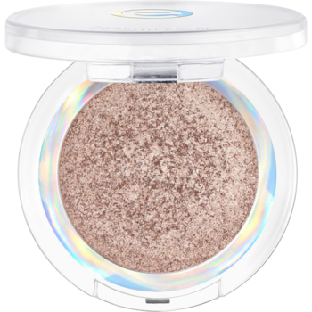 Otwarty rozświetlacz w białej puderniczce z irysem, widoczne jasne beżowe wykończenie shimmer. Widok z góry.