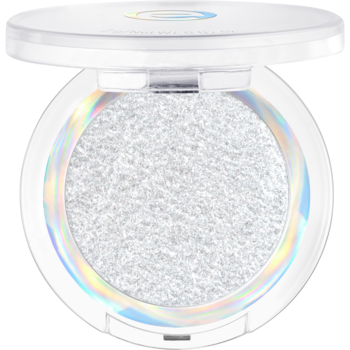 Otwarty biały kompakt z holograficznym brzegiem, w środku srebrno-biały, brokatowy rozświetlacz do twarzy.